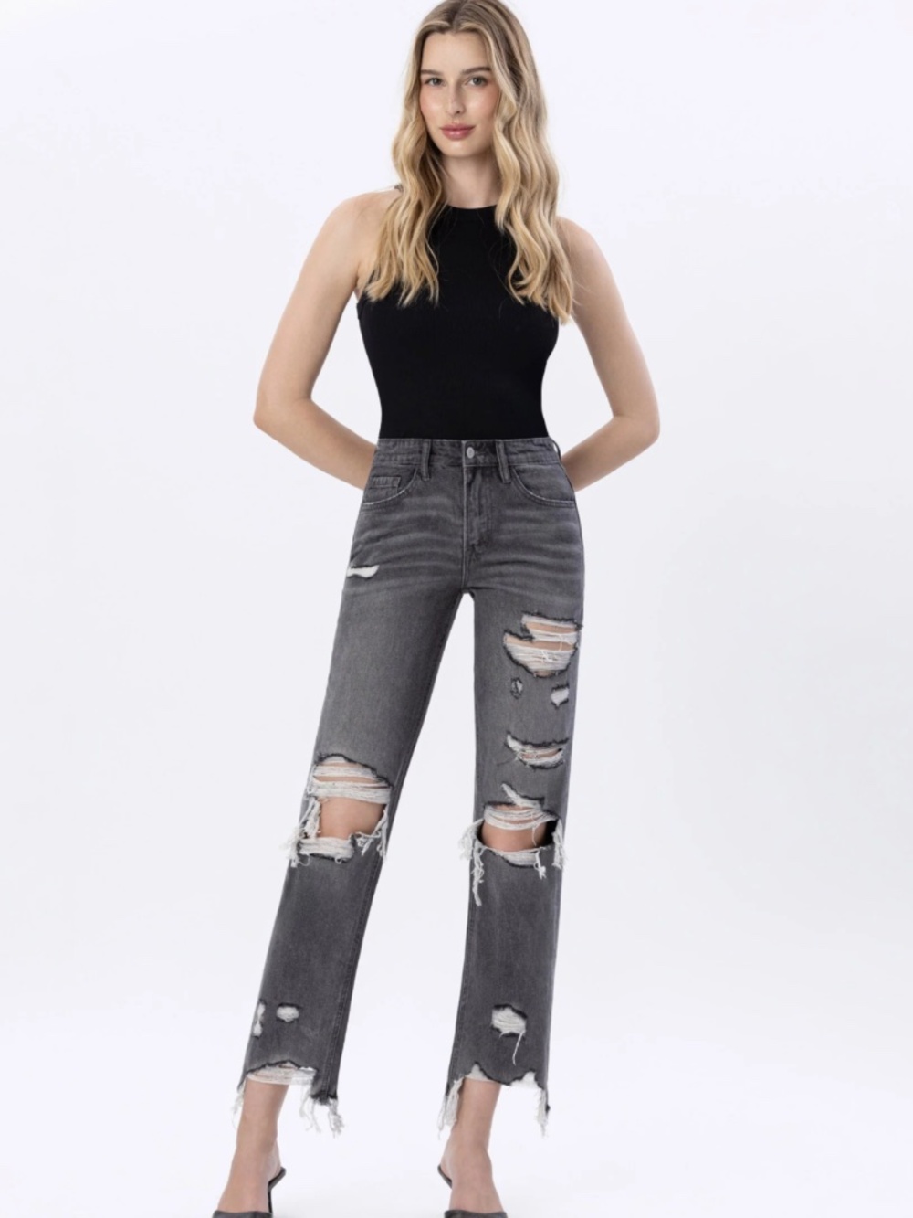 Flying Monkey "Saltwater" Super Distressed High-Rise Straight Ankle Jeans (Style